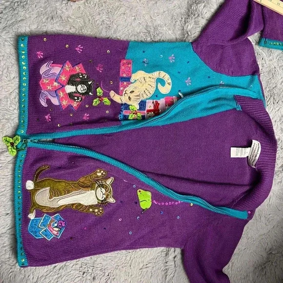 Heirloom Collectibles Vintage Christmas Cat Cardigan Sweater Small Art To Wear - Picture 7 of 13